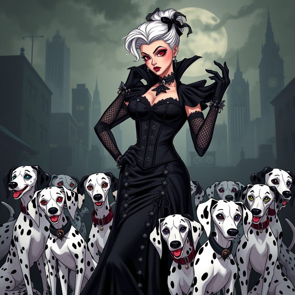 Gothic Cruella DeVille Surrounded by Emo Dalmatians in a Dar...