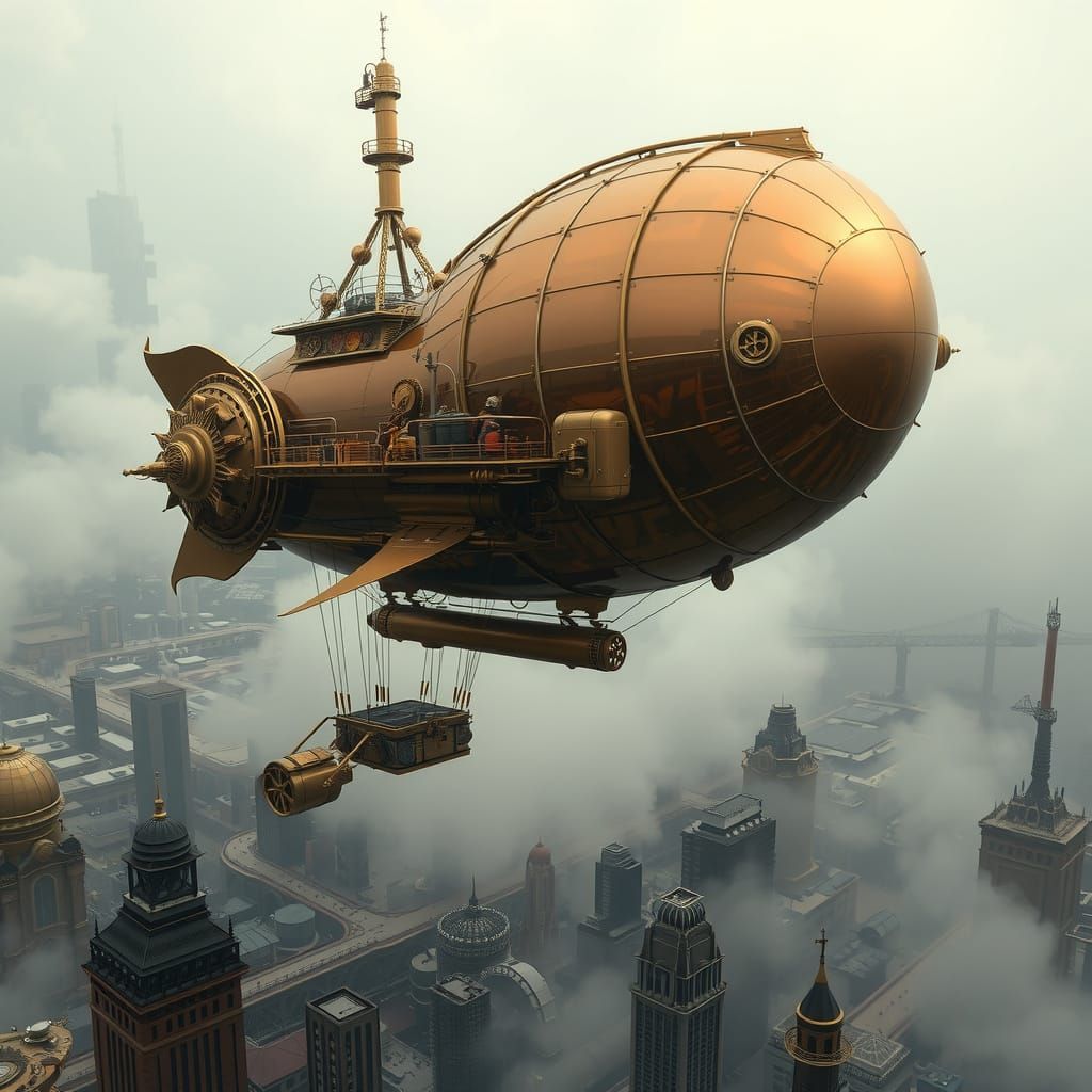 Steampunk Airship Soaring Above Industrial City