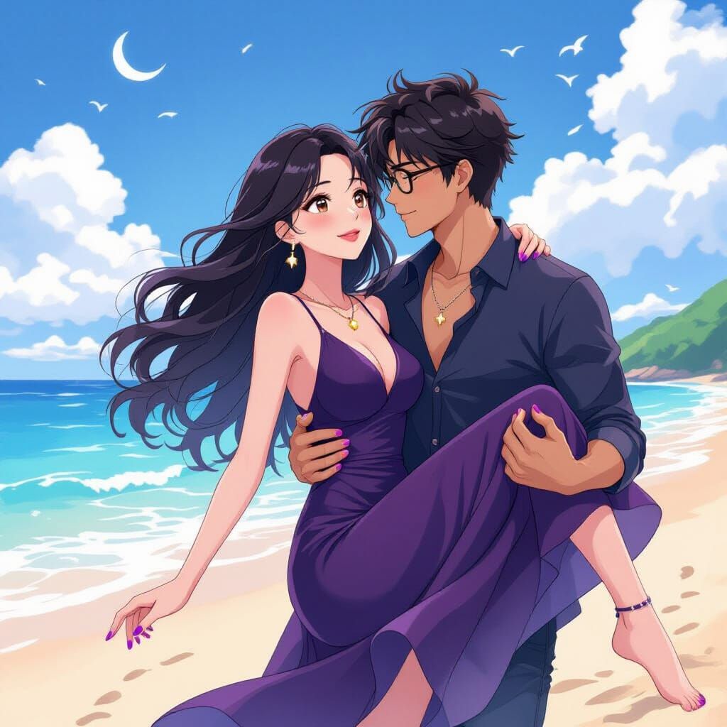 Romantic Anime Scene: Couple Kissing on Beach