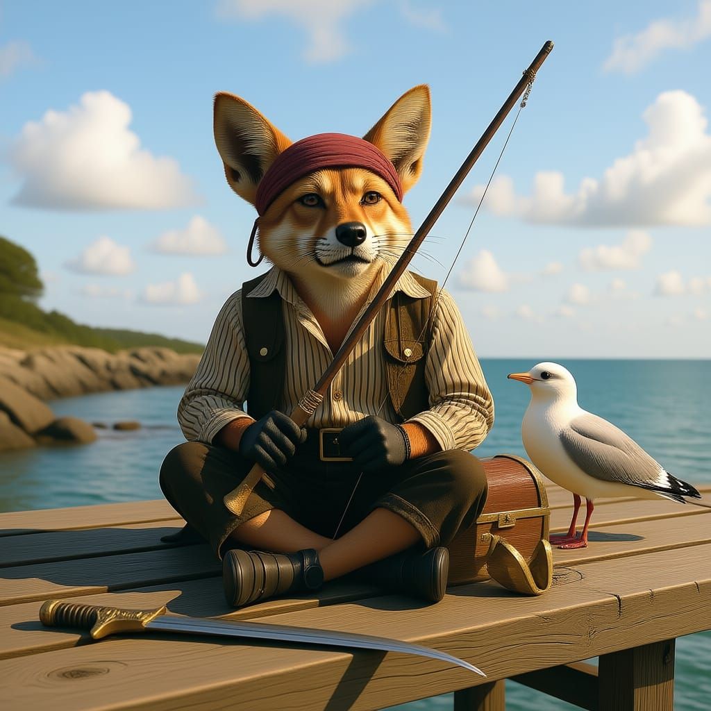 Hyperrealistic Pirate Fox Fishing on a Pier