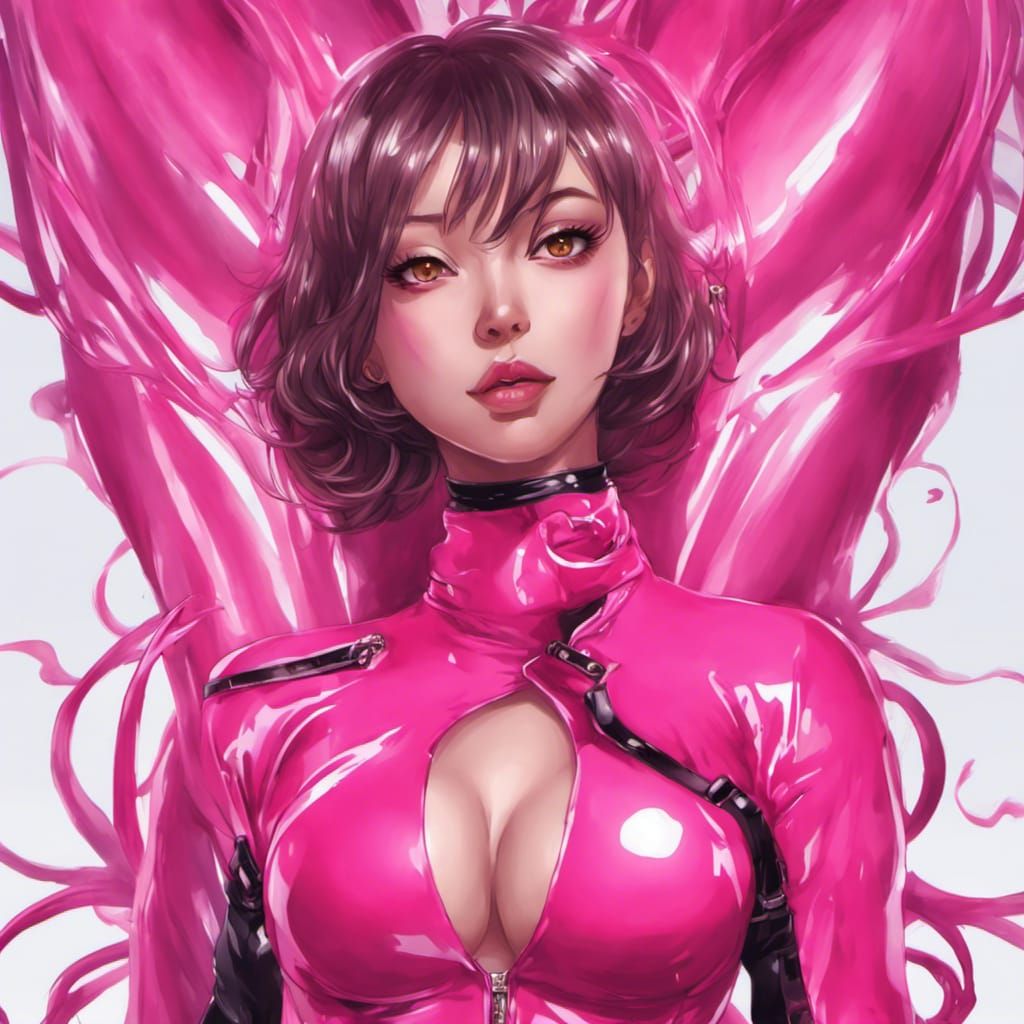 Confident Woman in Hot Pink Latex Outfit, Anime Style
