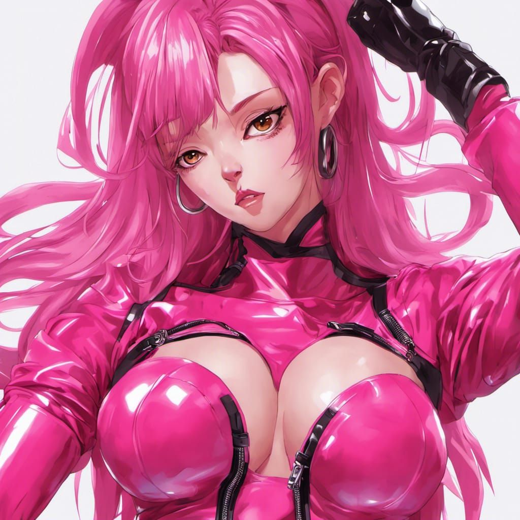 Anime Woman in Hot Pink Latex Catsuit