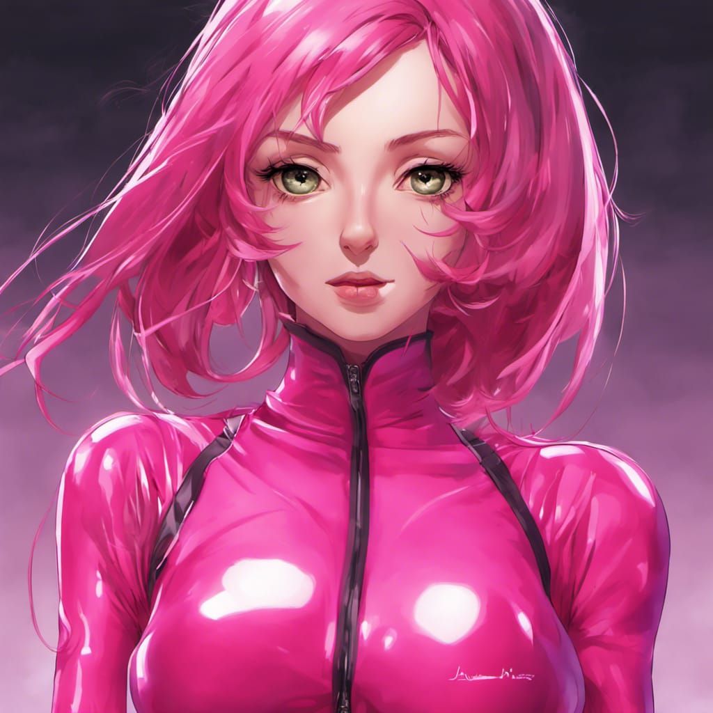 Anime Style Portrait: Woman in Hot Pink Latex Catsuit
