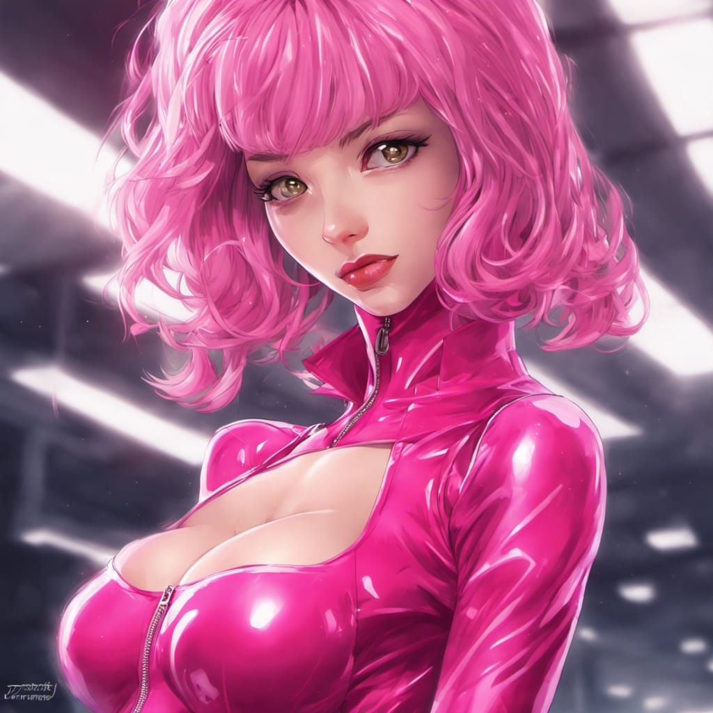 Anime Style Woman in Pink Latex Catsuit
