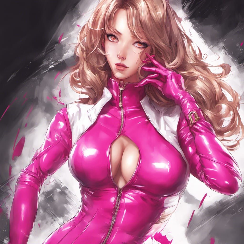 Confident Woman in Pink Latex Suit: Anime Style