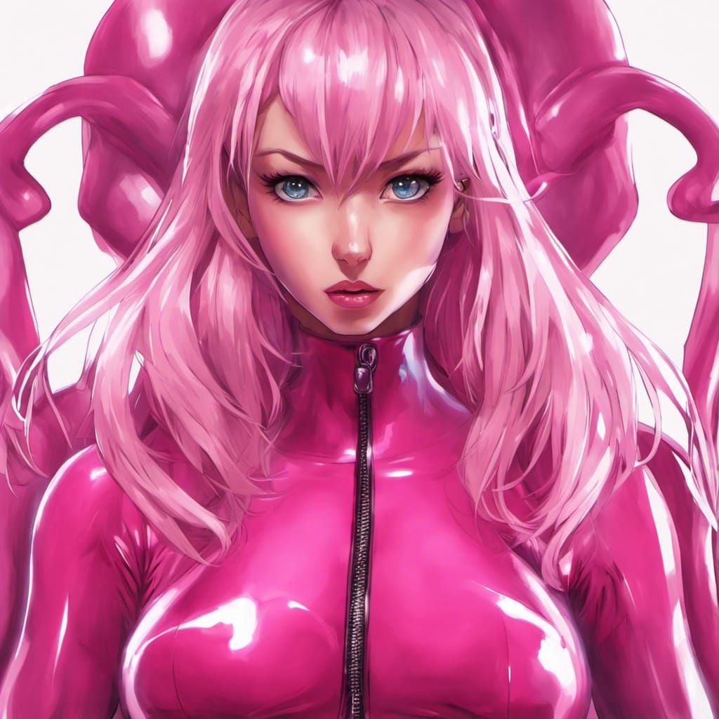 Confident Woman in Pink Latex: Anime Art Portrait