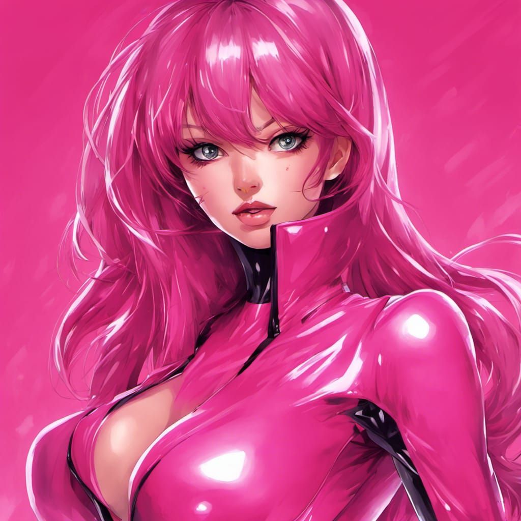 Anime Woman in Pink Latex Catsuit Portrait