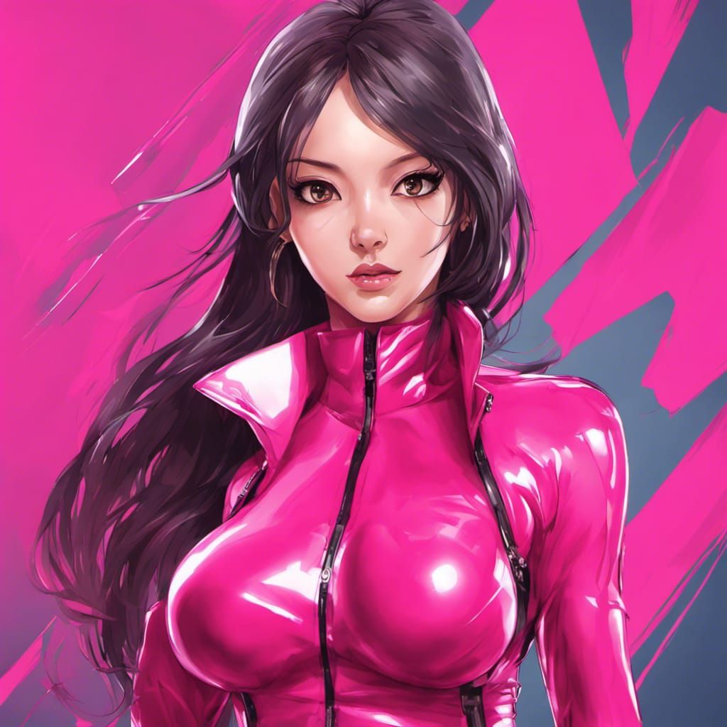 Confident Woman in Pink Latex Catsuit Anime Style