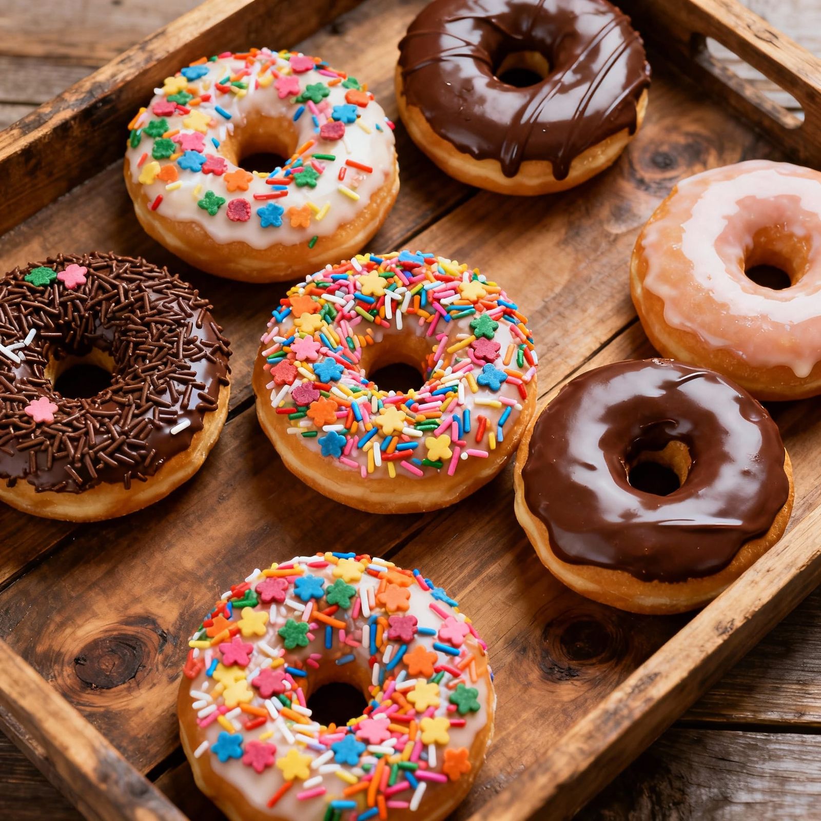 Assorted Donuts on Rustic Tray with Sprinkles and Chocolate