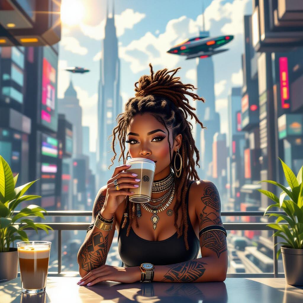 Woman Sipping Latte in Futuristic Cyberpunk Cafe