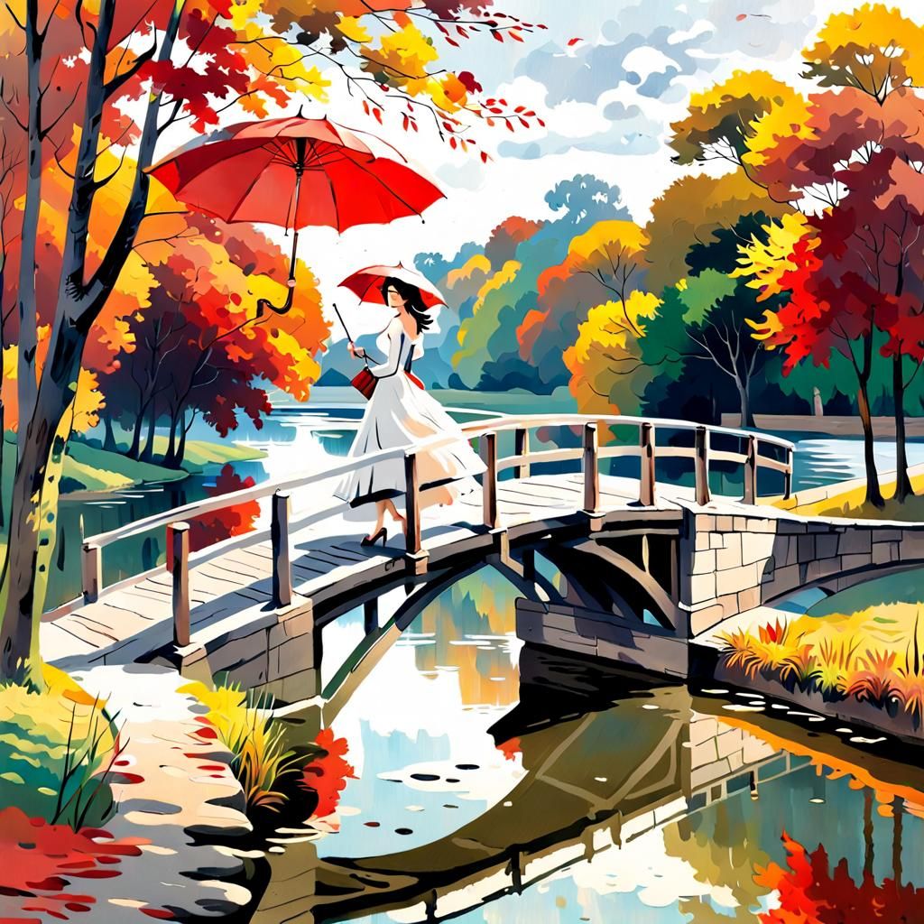 Woman with Red Umbrella in Autumn Landscape Painting