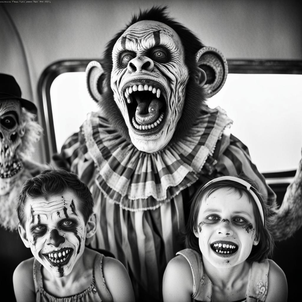 Zombie Monkey Clown Family Vacation Photo in Black and White
