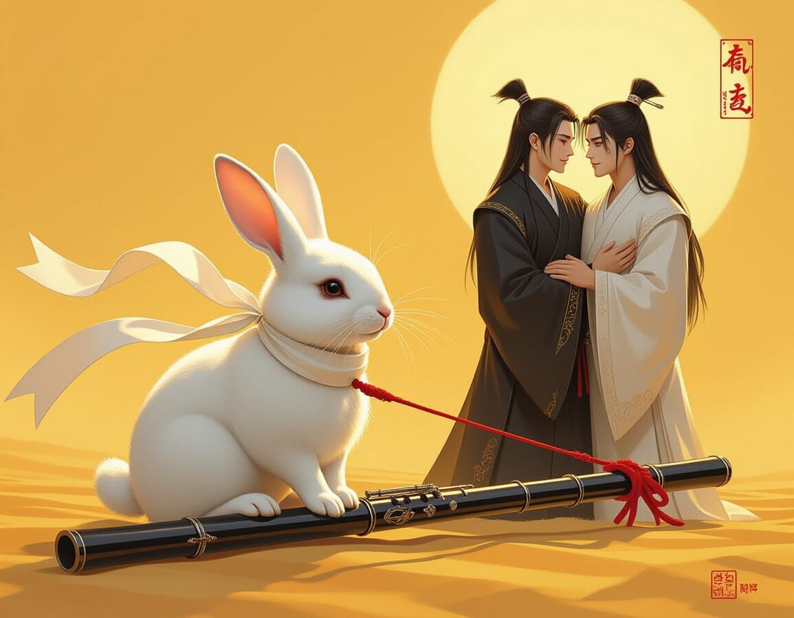 Rabbit Ride with Distant Lovers in Rembrandt Style