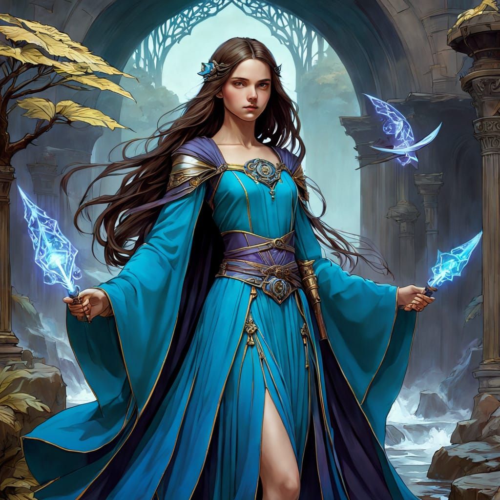 Elegant Fantasy Warrior Prepares for Battle by a Serene Stre...