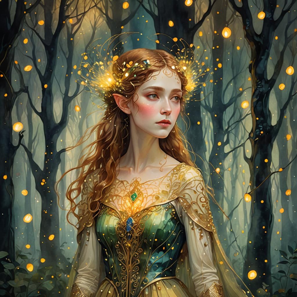 Elf Maiden Portrait Inspired by Gustav Klimt in Watercolor S...