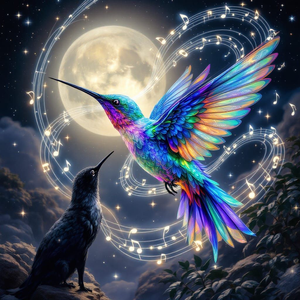 Hummingbird in Starry Night Sky with Music Notes
