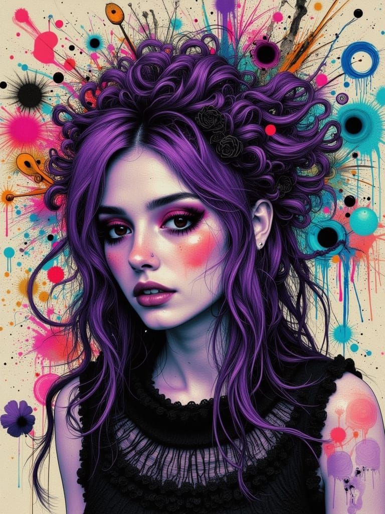 Ethereal Gothcore Portrait of a Woman with Purple Hair