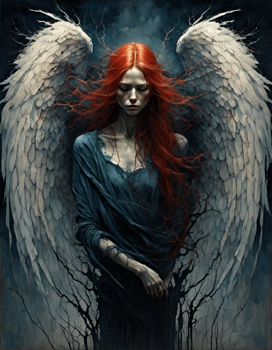 Biohorror Angel With Ripped Wings in the Night