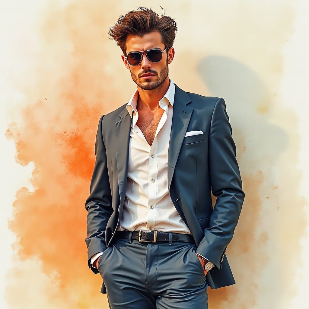 Man in 2025 Posing like James Dean, Aquarelle Painting