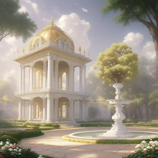 Ethereal Palace Garden with Golden Light