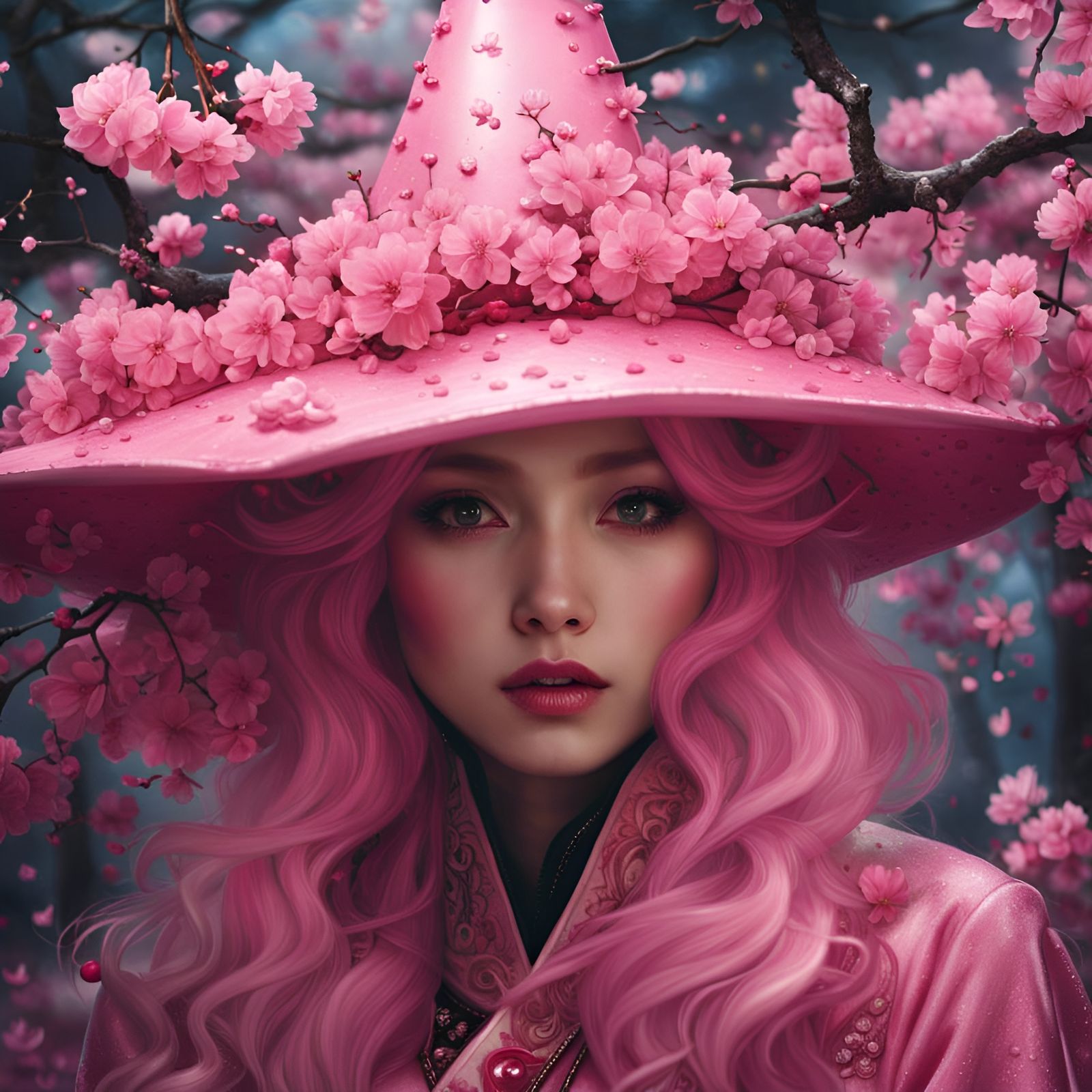 Magic Pink Witch Portrait with Cherry Blossoms