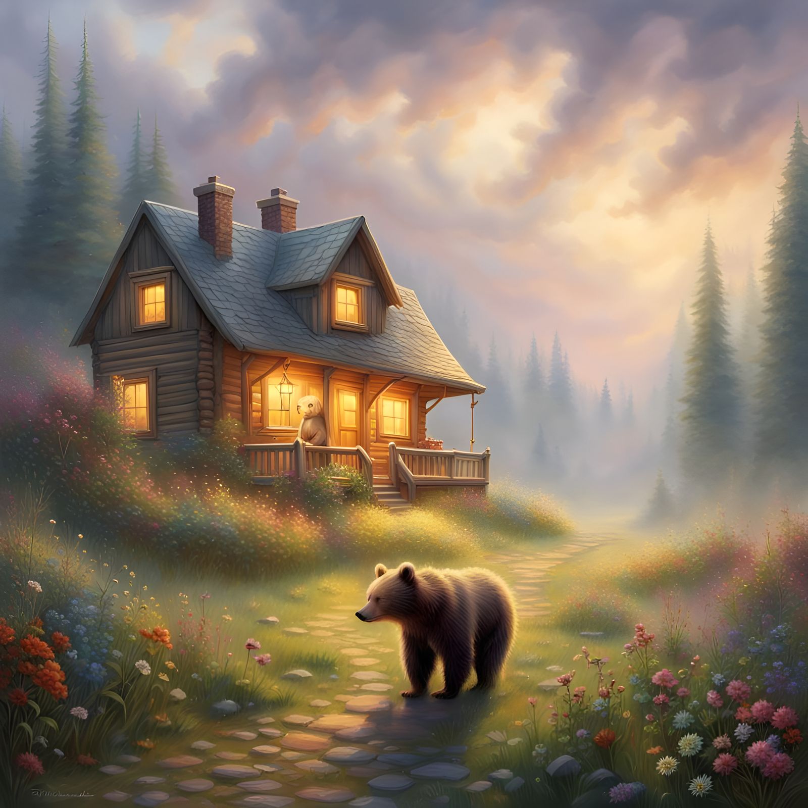 Sad Bear in Rainy Meadow, Ethereal Fantasy