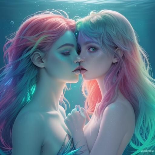 Bioluminescent Mermaid's Kiss: 3D Render in Holographic Rain...