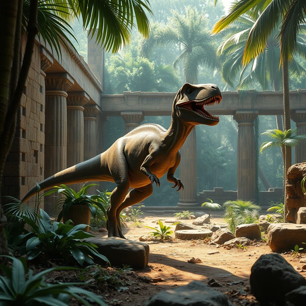 Velociraptor in Ancient Jungle Temple Ruins