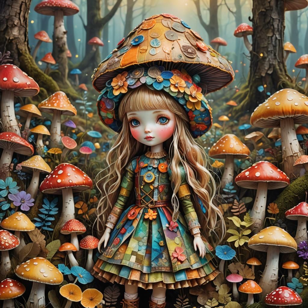 Colorful Patchwork Doll in Mystical Forest