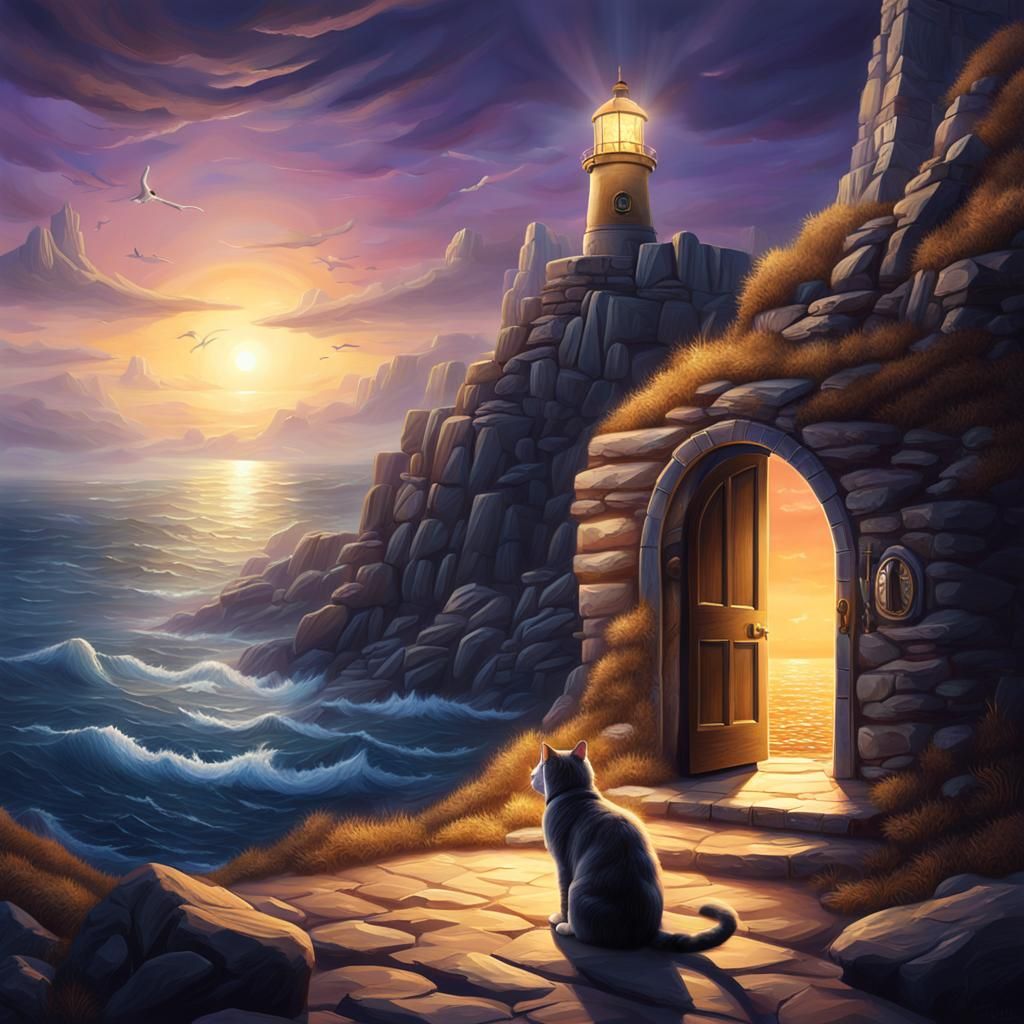 Mystical Lighthouse Cat in Detailed Oil Painting