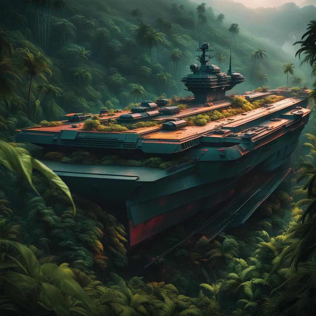 Aircraft carrier abandoned on a mountainside, mountainous jungle, red earth, tarnished metal