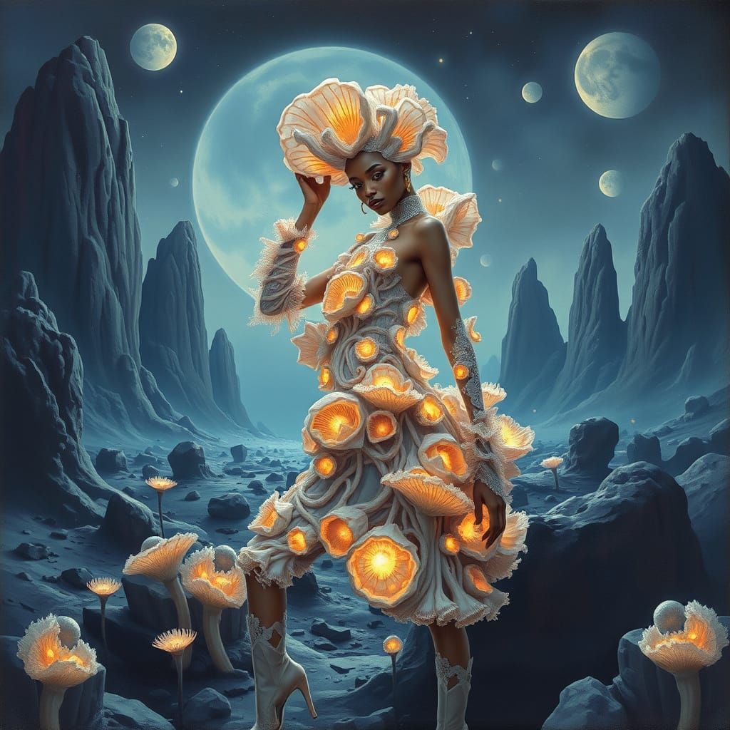 High Fashion Model in Surreal Alien Landscape, Gouache Paint...