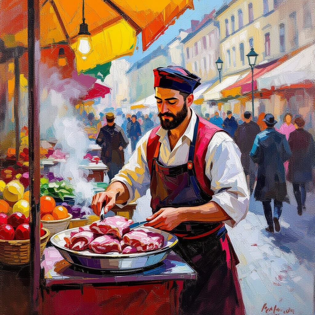 Hungarian Lamb Vendor in Neo-Impressionist Style