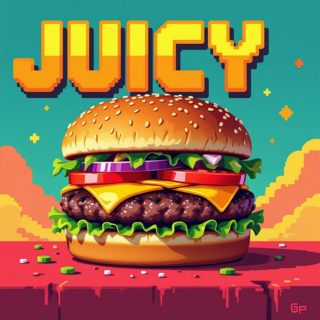 Juicy Burger with Pixelated Background in 8-Bit Style