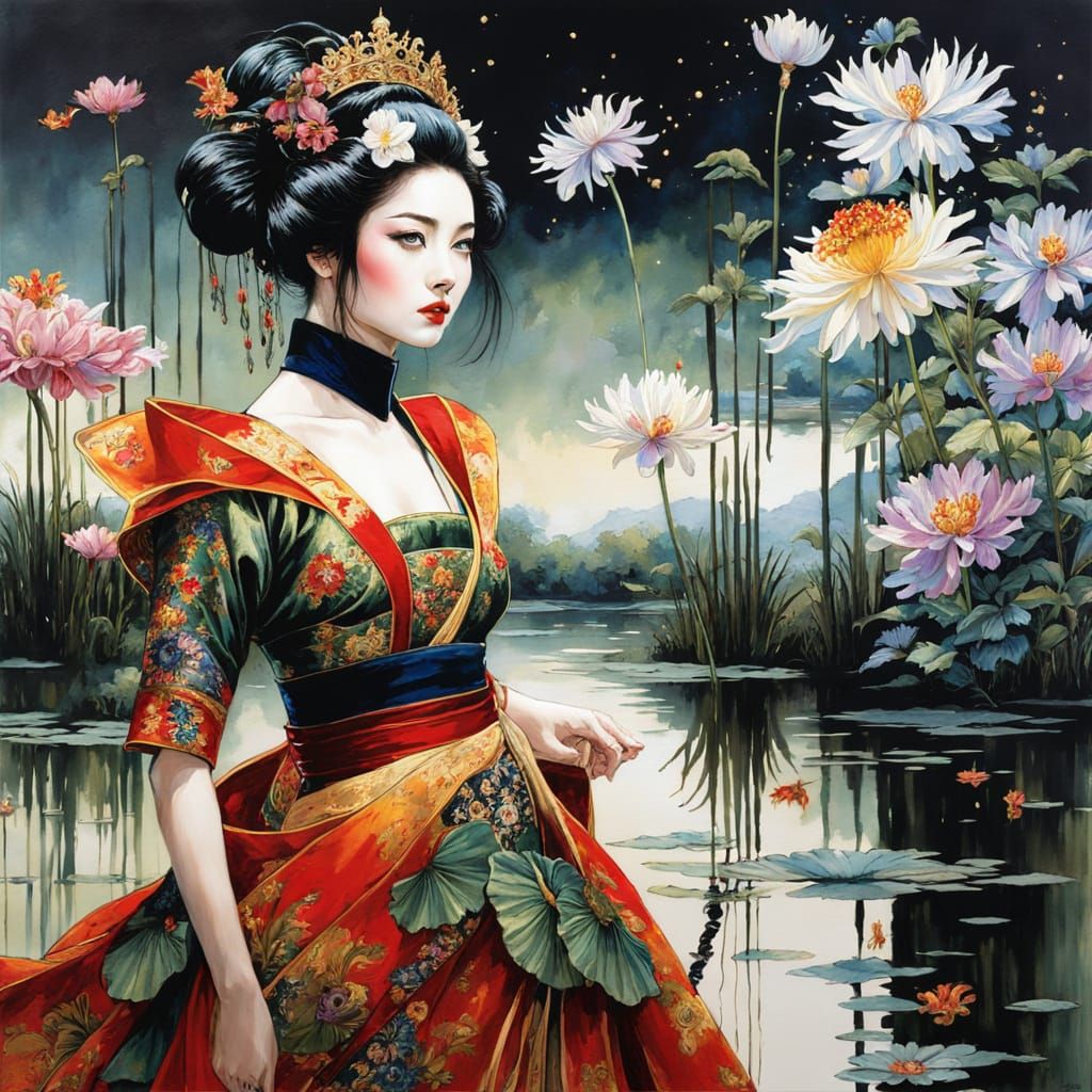 Geisha in Mirrored Reflection: Dark Fantasy Art