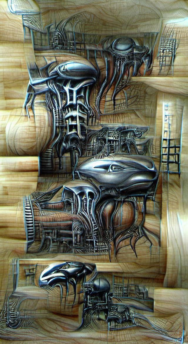 H.R. Giger bauhaus concept art detailed painting hyperrealism woodcut 3D shading 3DEXCITE IMAX Unity 3D Unreal Engine Un...