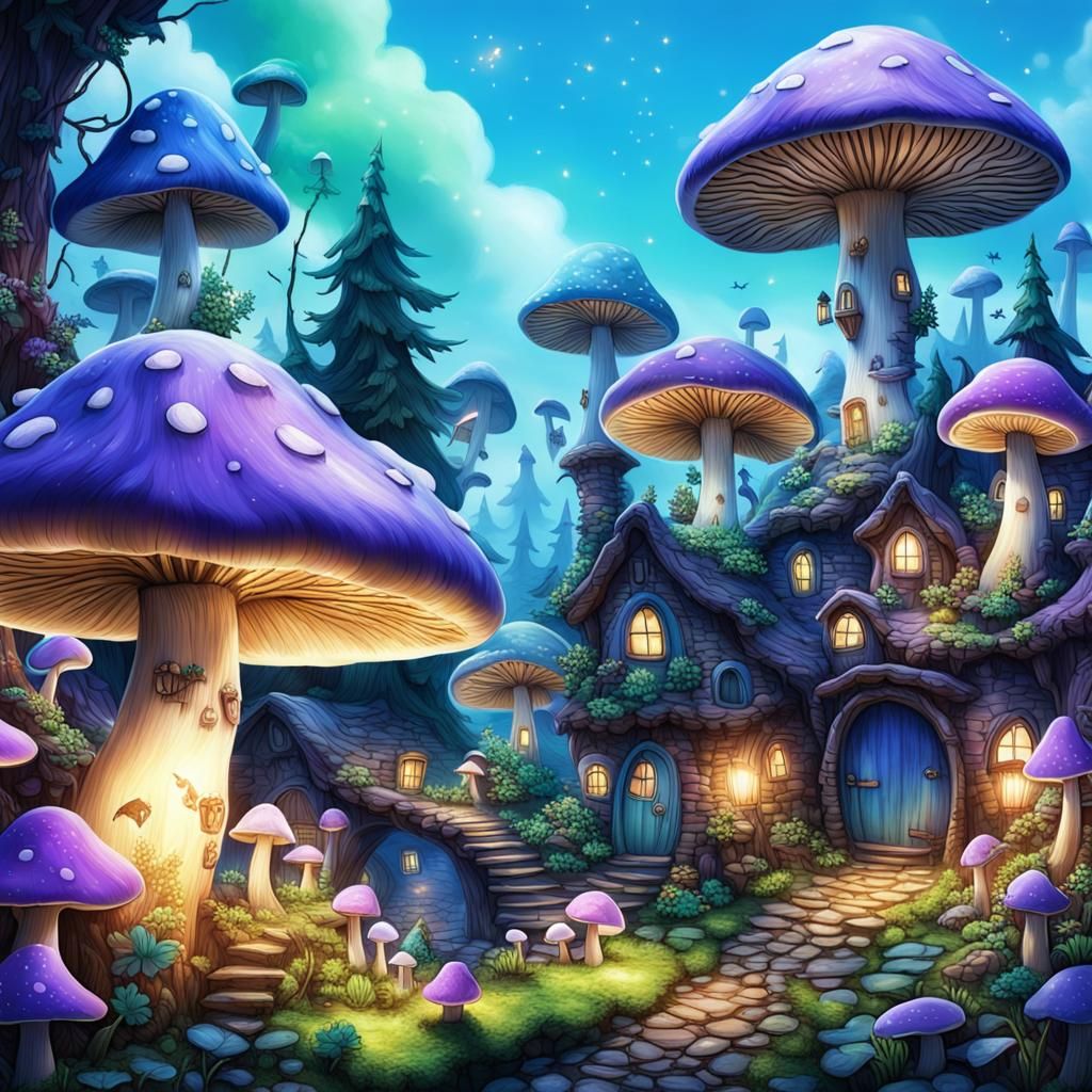 Mushroom Village with Flying Fairies