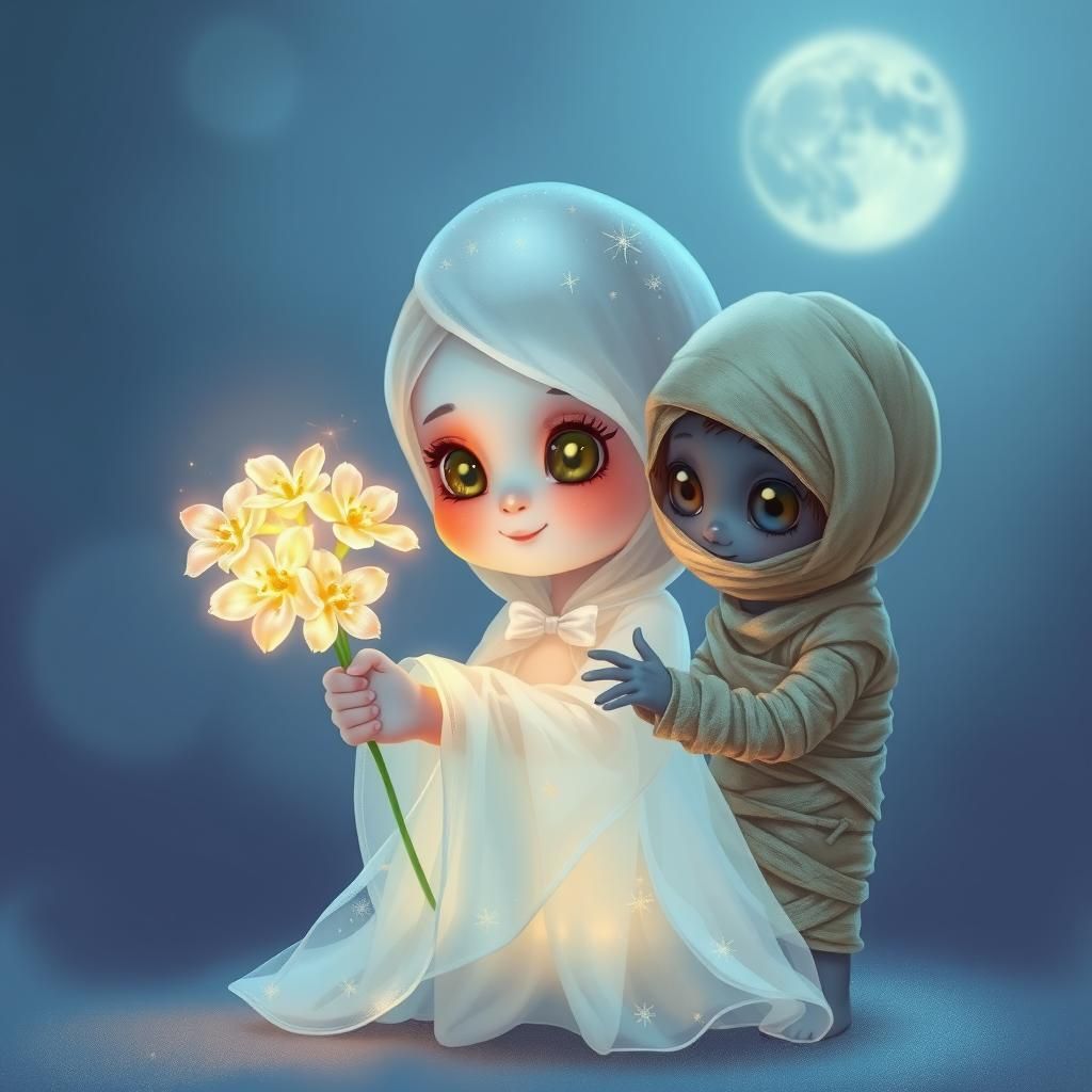 Toddler Ghosts Exchange Flowers in Digital Art Style