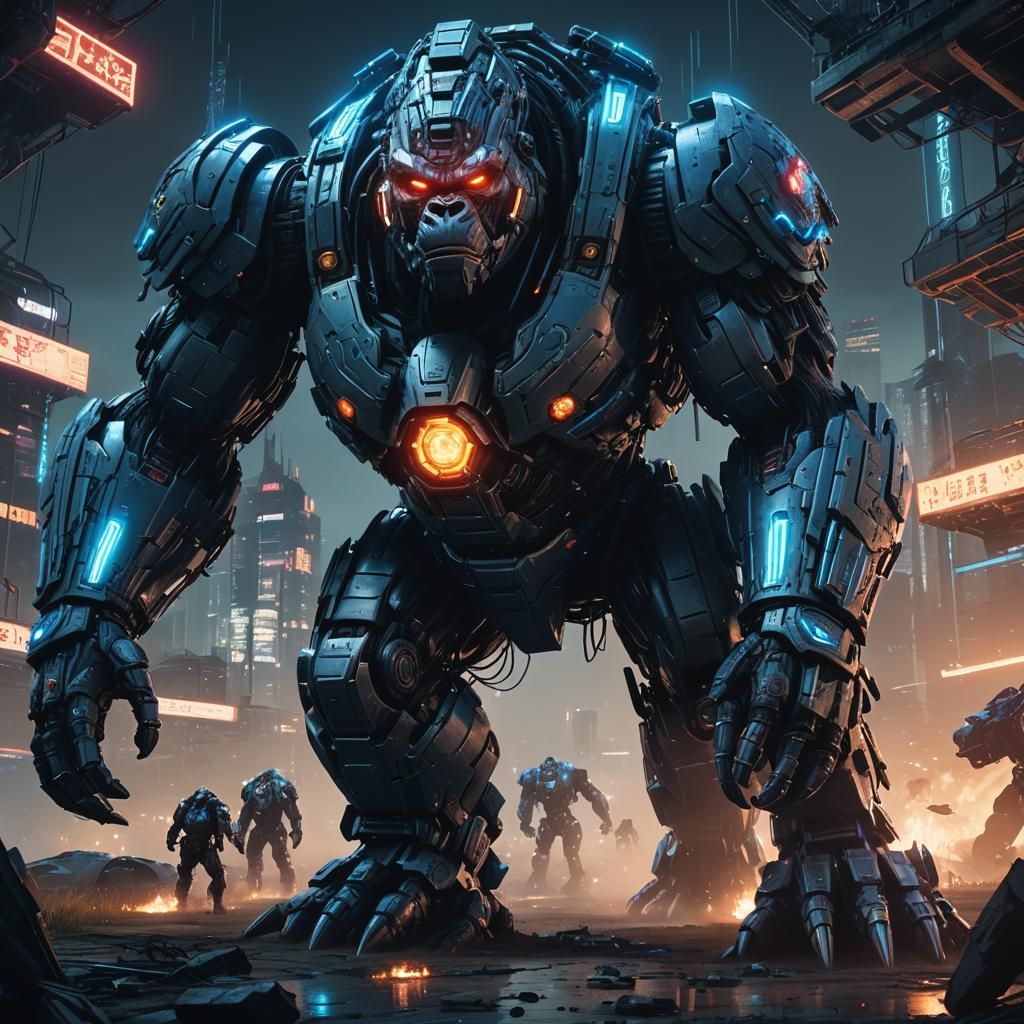 Cybernetic Battle Gorilla in Cyberpunk Sci-Fi Style