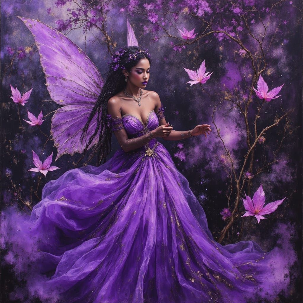 African Fairy in Violet Garden Baroque Oil Painting