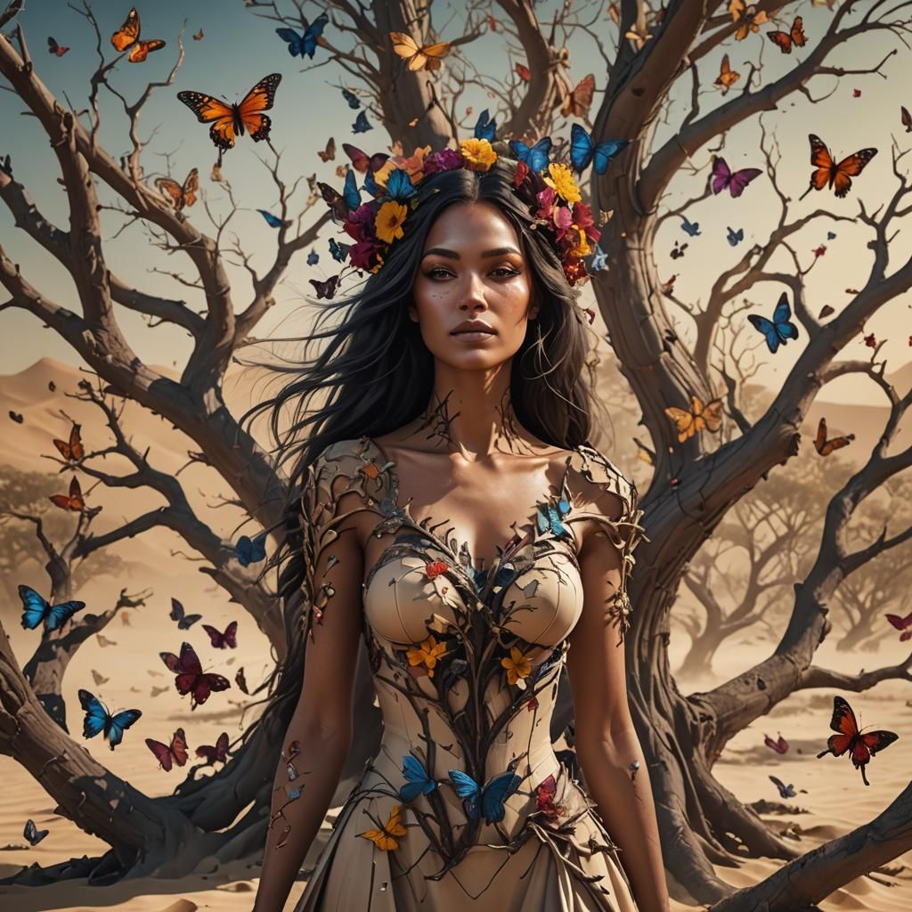 Woman in Desert Blooms Flowers: Fantasy Art