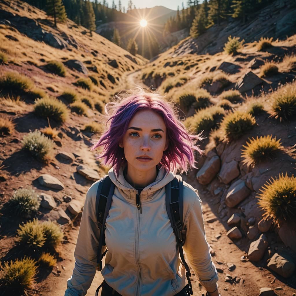 Purple-Haired Girl Hiking in Golden Sunlight