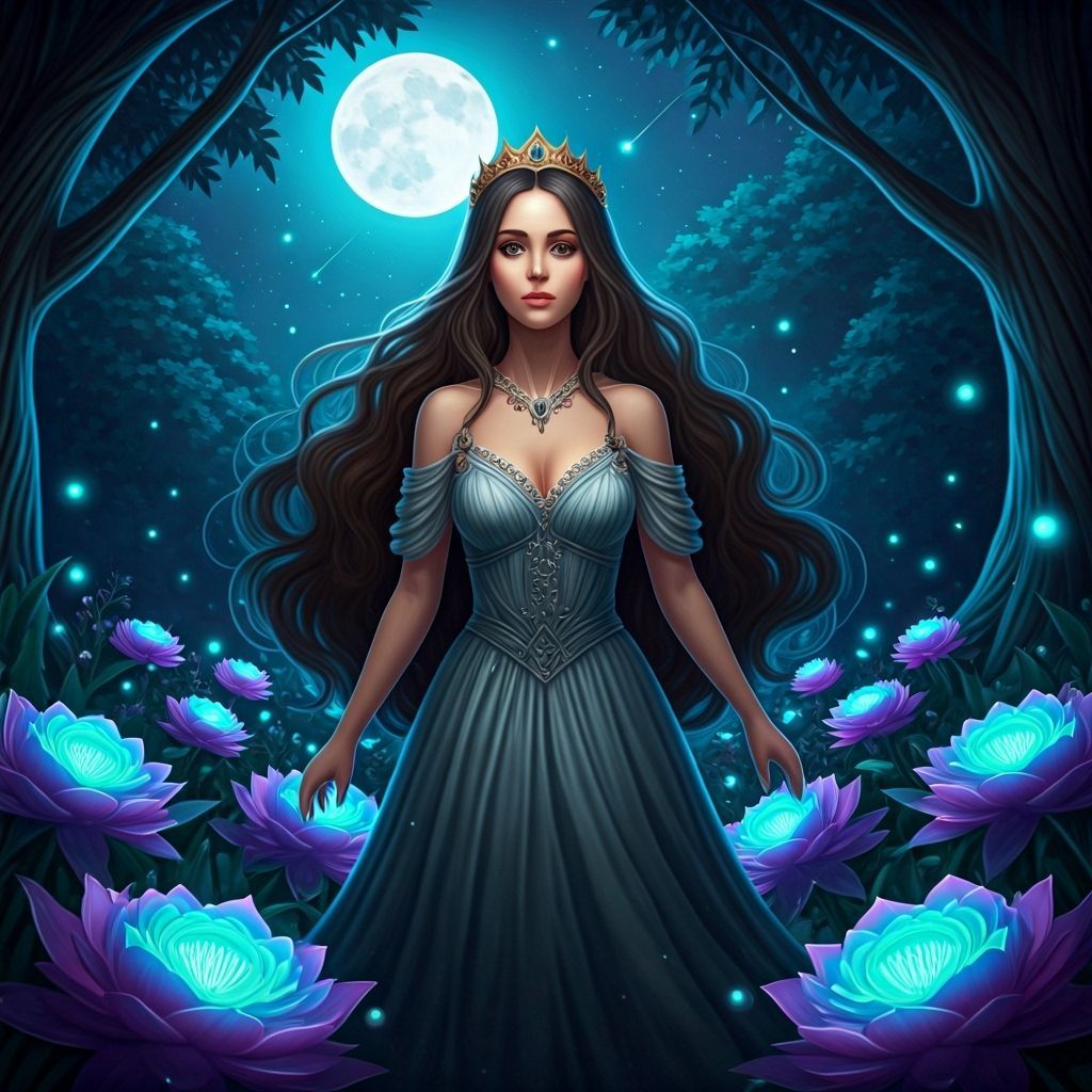 Enchanted Forest Princess Under Starry Night Sky