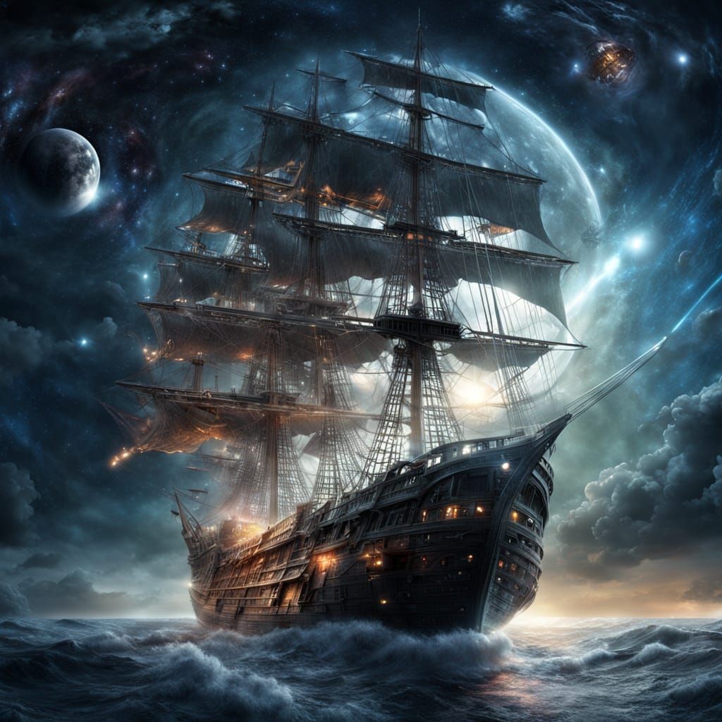 Surreal Cosmic Vessel Emerges from a Black Hole in a Da Vinc...