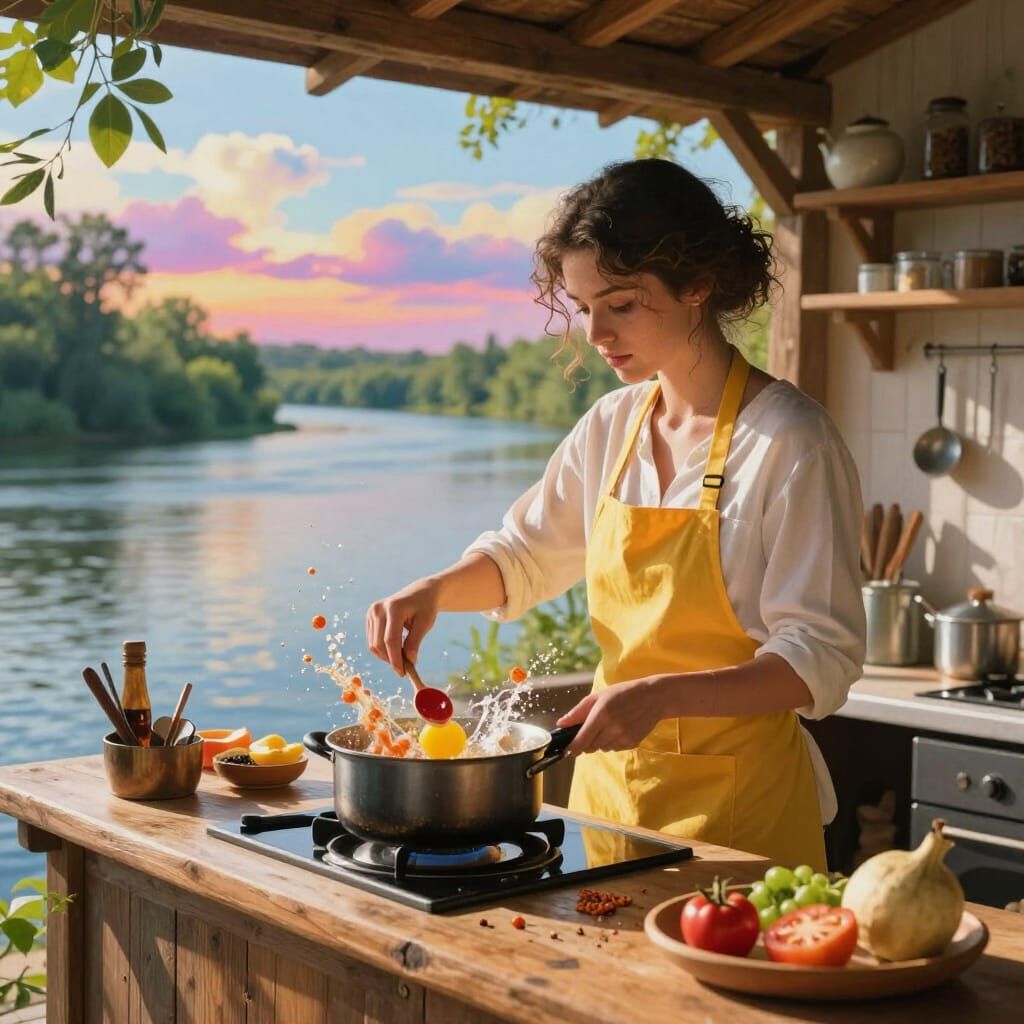 Woman Cooking in Sunlit Riverfront Kitchen