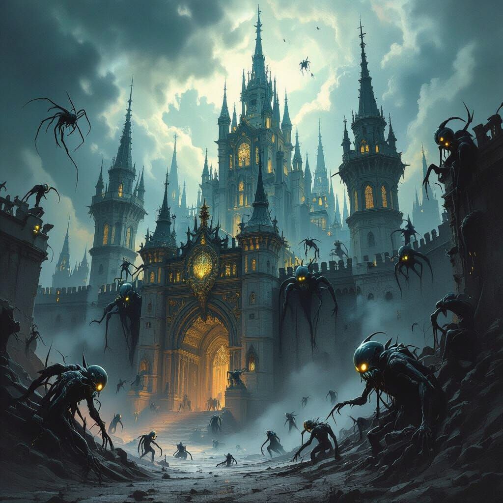 Palace Under Siege by Grotesque Creatures in Dark Fantasy St...