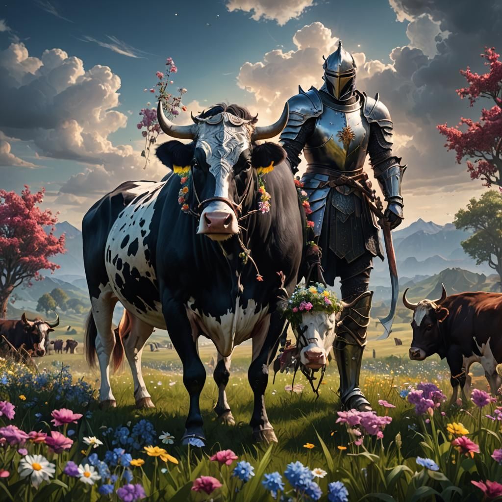 Dark Fantasy Knight Milking Cow in Flower Field