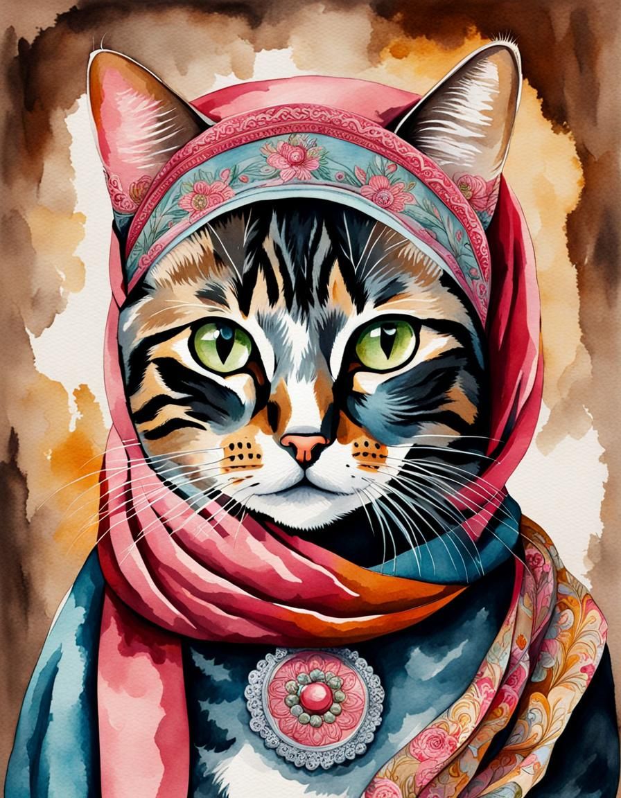Charming Babushka Cat Portrait in Watercolor