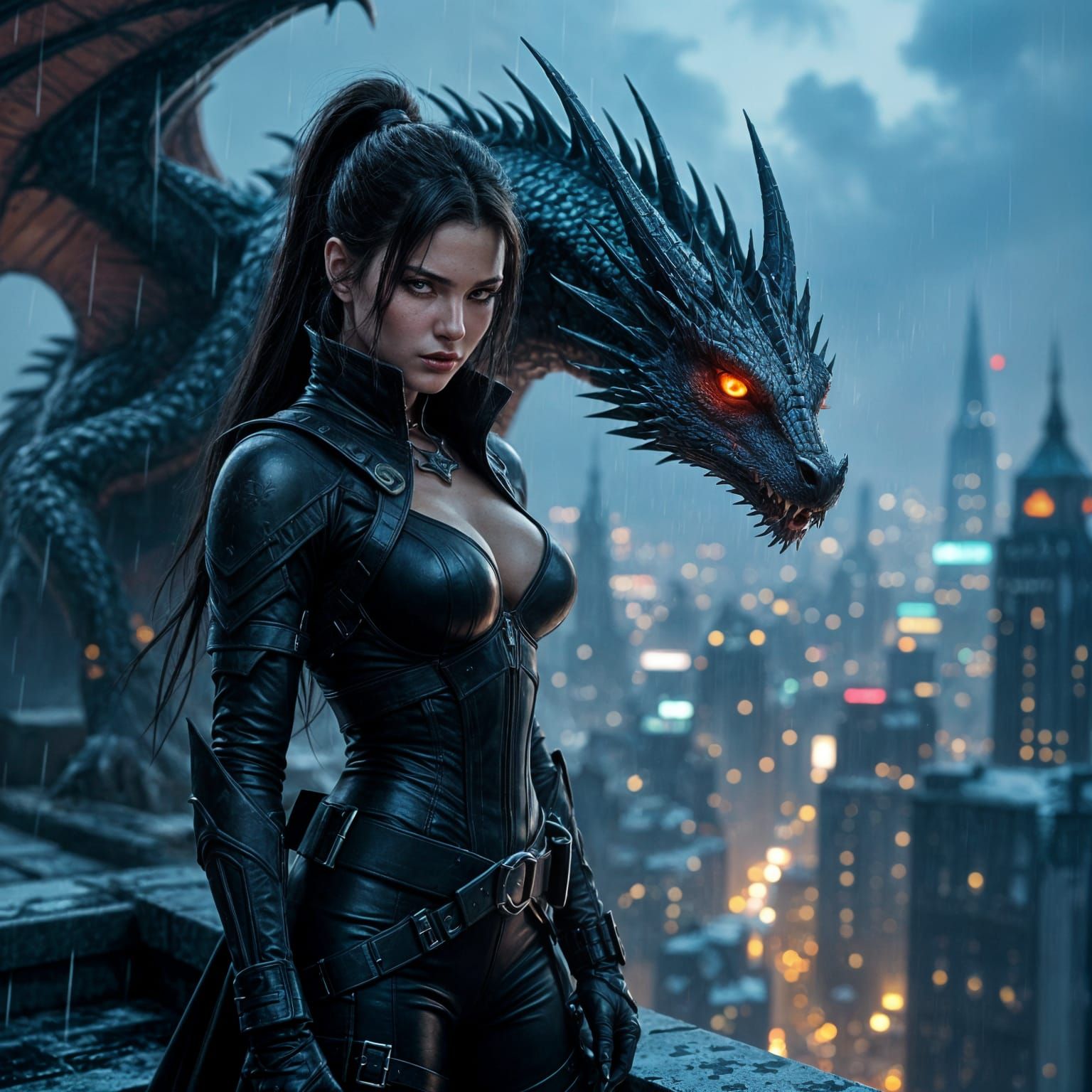 Dragon Rider Assassin on Neon City Rooftop