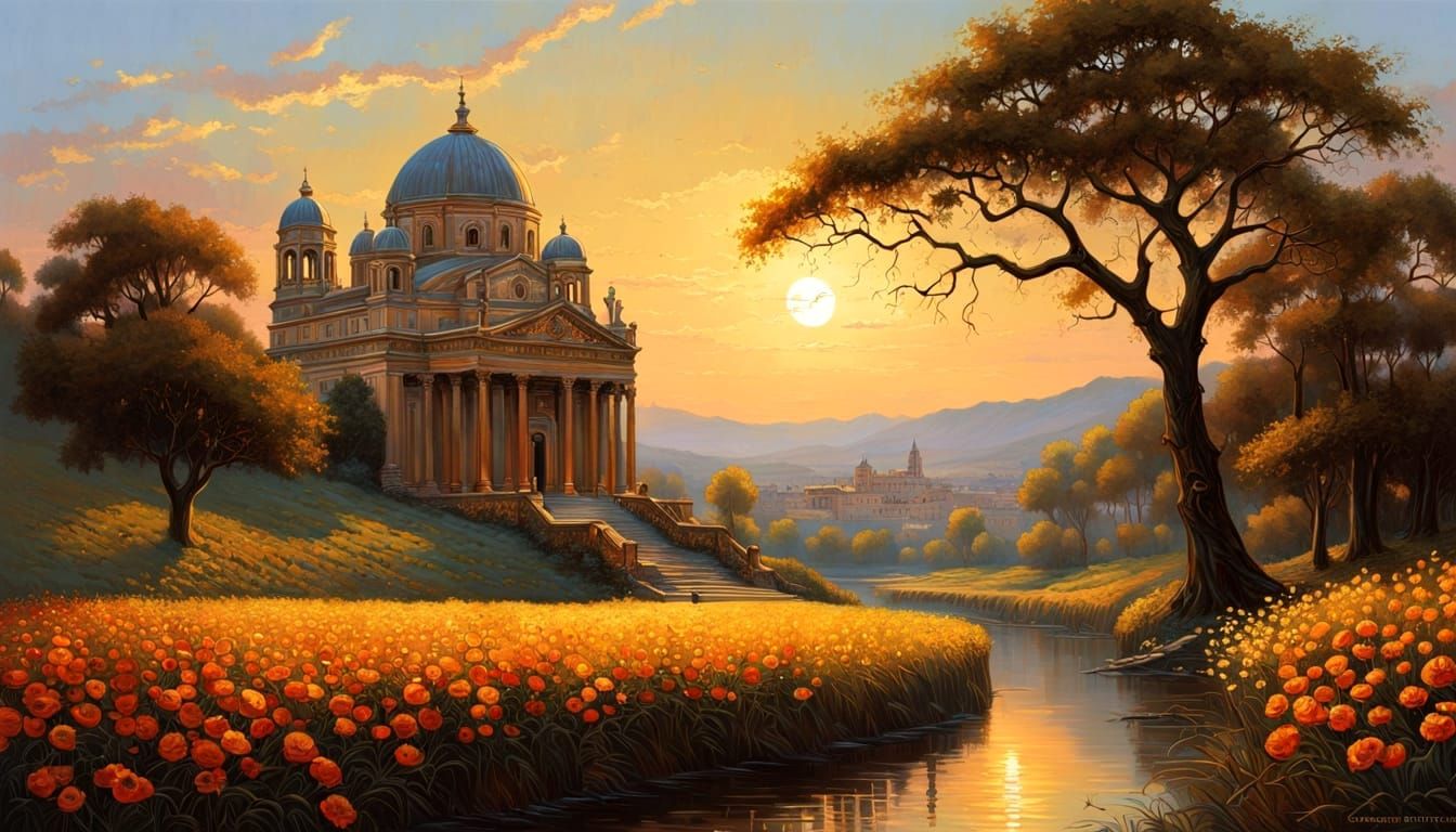 Romantic Fantasy Landscape in Oil Paint Style